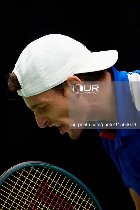 Ugo Humbert of France celebrates a point against Alexei Popyrin of Australia during the Davis Cup Group B Stage 2024 match between Australia...