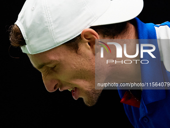 Ugo Humbert of France celebrates a point against Alexei Popyrin of Australia during the Davis Cup Group B Stage 2024 match between Australia...