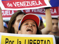 Venezuelans living in Spain take part in a gathering outside the Spanish parliament in support of opposition presidential candidate Edmundo...