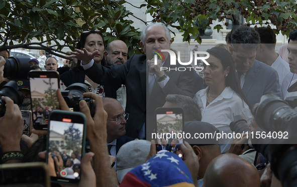 Carolina Gonzalez, daughter of Venezuelan opposition presidential candidate Edmundo Gonzalez Urrutia, delivers a speech during a rally in fr...