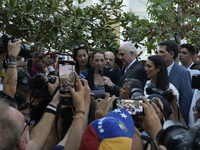 Venezuelan opposition politician Antonio Ledezma delivers a speech during a rally in front of the Spanish Parliament while Spanish MPs debat...