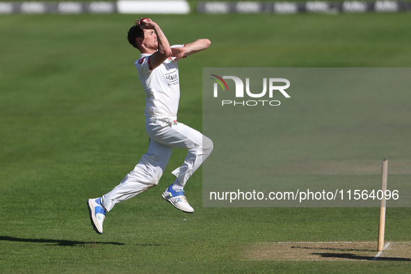 George Balderson bowls for Lancashire during the Vitality County Championship match between Durham Cricket and Lancashire at the Seat Unique...