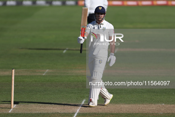 David Bedingham of Durham celebrates after scoring fifty during the Vitality County Championship match between Durham Cricket and Lancashire...