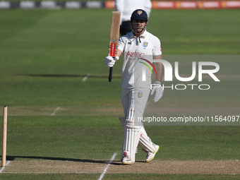 David Bedingham of Durham celebrates after scoring fifty during the Vitality County Championship match between Durham Cricket and Lancashire...