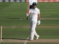 David Bedingham of Durham celebrates after scoring fifty during the Vitality County Championship match between Durham Cricket and Lancashire...