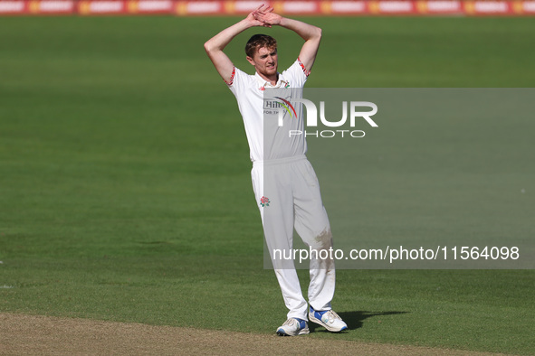 George Balderson reacts during the Vitality County Championship match between Durham Cricket and Lancashire at the Seat Unique Riverside in...