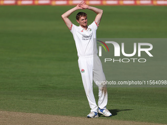 George Balderson reacts during the Vitality County Championship match between Durham Cricket and Lancashire at the Seat Unique Riverside in...