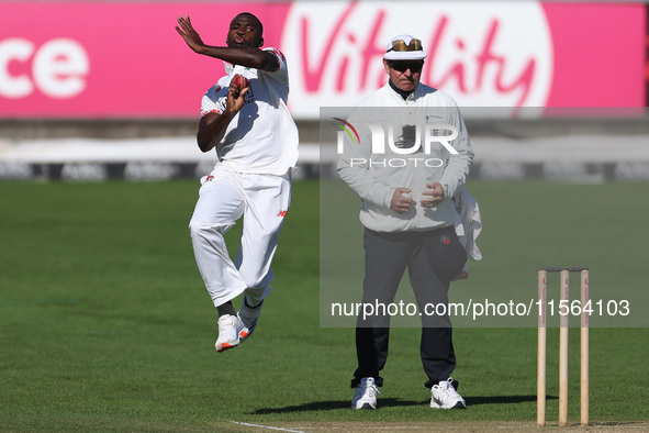 Anderson Phillip bowls for Lancashire during the Vitality County Championship match between Durham Cricket and Lancashire at the Seat Unique...