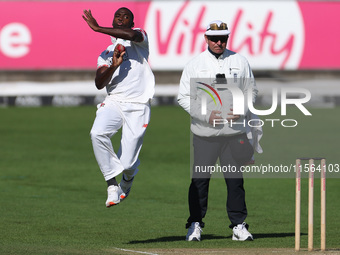 Anderson Phillip bowls for Lancashire during the Vitality County Championship match between Durham Cricket and Lancashire at the Seat Unique...