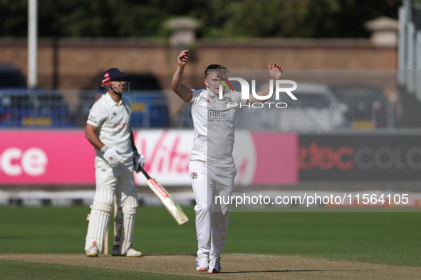 Lancashire's Tom Aspinwall celebrates after trapping Durham's Ollie Robinson leg before during the Vitality County Championship match betwee...