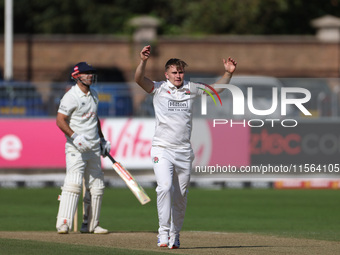 Lancashire's Tom Aspinwall celebrates after trapping Durham's Ollie Robinson leg before during the Vitality County Championship match betwee...