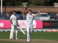 Lancashire's Tom Aspinwall celebrates after trapping Durham's Ollie Robinson leg before during the Vitality County Championship match betwee...