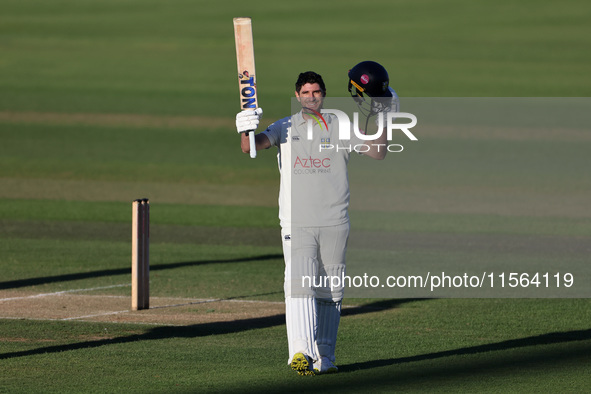 Colin Ackerman celebrates his hundred during the Vitality County Championship match between Durham Cricket and Lancashire at the Seat Unique...