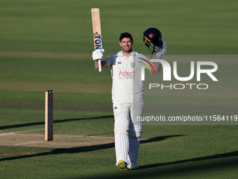 Colin Ackerman celebrates his hundred during the Vitality County Championship match between Durham Cricket and Lancashire at the Seat Unique...