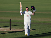 Colin Ackerman celebrates his hundred during the Vitality County Championship match between Durham Cricket and Lancashire at the Seat Unique...