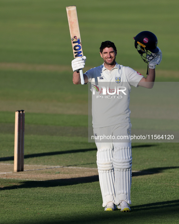 Colin Ackerman celebrates his hundred during the Vitality County Championship match between Durham Cricket and Lancashire at the Seat Unique...