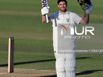 Colin Ackerman celebrates his hundred during the Vitality County Championship match between Durham Cricket and Lancashire at the Seat Unique...