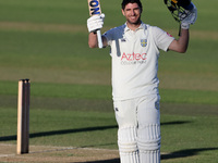 Colin Ackerman celebrates his hundred during the Vitality County Championship match between Durham Cricket and Lancashire at the Seat Unique...