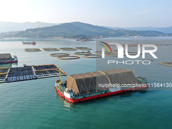 A photo taken on September 10, 2024, shows the experimental field of a far-reaching marine aquaculture project in Fuzhou, Fujian province, C...