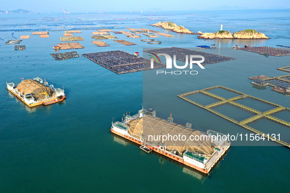 A photo taken on September 10, 2024, shows the experimental field of a far-reaching marine aquaculture project in Fuzhou, Fujian province, C...