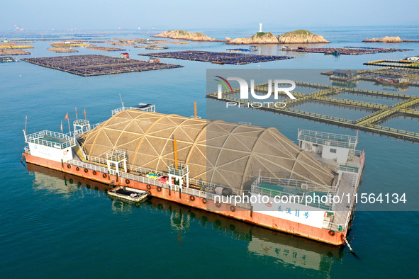 A photo taken on September 10, 2024, shows the experimental field of a far-reaching marine aquaculture project in Fuzhou, Fujian province, C...