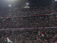 Hungarian fans and tricolor flags during the national anthem before the UEFA Nations League Group A3 match at Puskas Arena in Budapest, Hung...