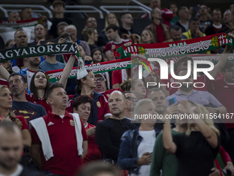 Hungarian fans and tricolor flags during the national anthem before the UEFA Nations League Group A3 match at Puskas Arena in Budapest, Hung...