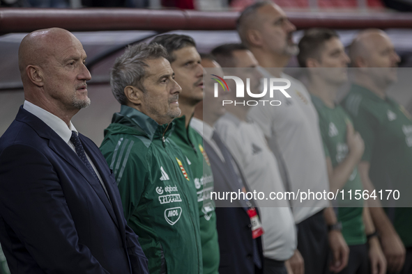 Marco Rossi stands during the national anthem before the UEFA Nations League Group A3 match at Puskas Arena in Budapest, Hungary, on Septemb...