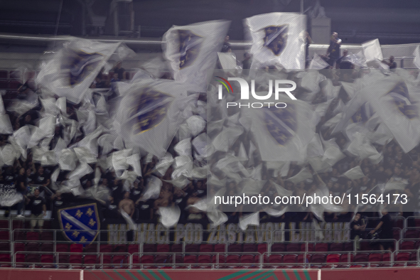 Bosnia and Herzegovina fans attend the UEFA Nations League match at Puskas Arena in Budapest, Hungary, on September 10, 2024. 