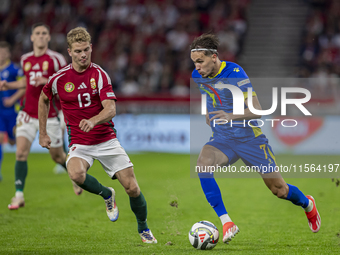 Amar Dedic of Bosnia and Herzegovina competes for the ball with Andras Schafer of Hungary during the UEFA Nations League Group A3 match at P...