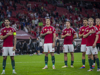 Hungarian fans and tricolor flags during the national anthem before the UEFA Nations League Group A3 match at Puskas Arena in Budapest, Hung...