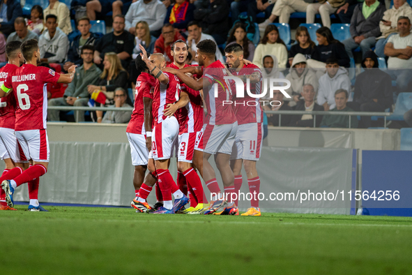 Malta players celebrate after scoring a goal during the UEFA Nations League 2024 - League phase - Matchday 2 match between Andorra and Malta...