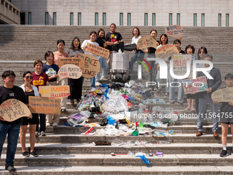 At a press conference organized by the 'Plastic Root Coalition' (a coalition aimed at eradicating plastic pollution), participants call on t...