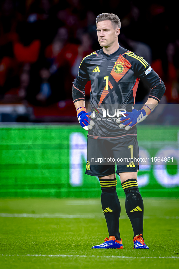 Germany goalkeeper Marc-Andre ter Stegen plays during the match between the Netherlands and Germany at the Johan Cruijff ArenA for the UEFA...