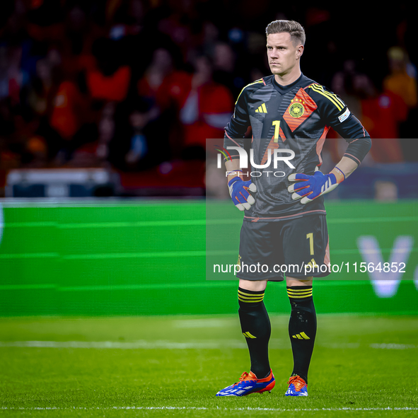 Germany goalkeeper Marc-Andre ter Stegen plays during the match between the Netherlands and Germany at the Johan Cruijff ArenA for the UEFA...