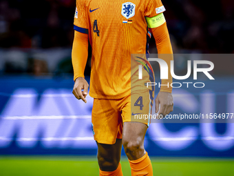 Netherlands defender Virgil van Dijk plays during the match between the Netherlands and Germany at the Johan Cruijff ArenA for the UEFA Nati...