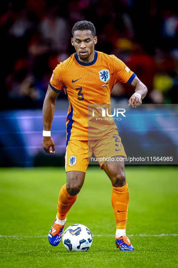 Netherlands defender Jurrien Timber plays during the match between the Netherlands and Germany at the Johan Cruijff ArenA for the UEFA Natio...