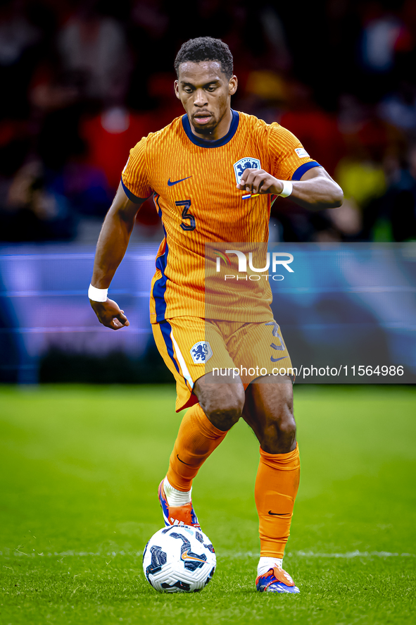 Netherlands defender Jurrien Timber plays during the match between the Netherlands and Germany at the Johan Cruijff ArenA for the UEFA Natio...