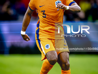 Netherlands defender Jurrien Timber plays during the match between the Netherlands and Germany at the Johan Cruijff ArenA for the UEFA Natio...