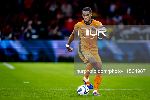 Netherlands defender Jurrien Timber plays during the match between the Netherlands and Germany at the Johan Cruijff ArenA for the UEFA Natio...