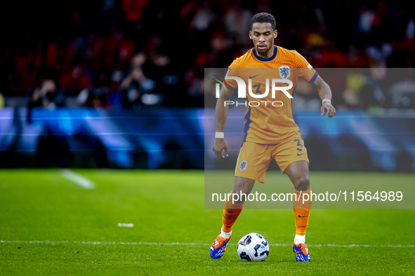 Netherlands defender Jurrien Timber plays during the match between the Netherlands and Germany at the Johan Cruijff ArenA for the UEFA Natio...