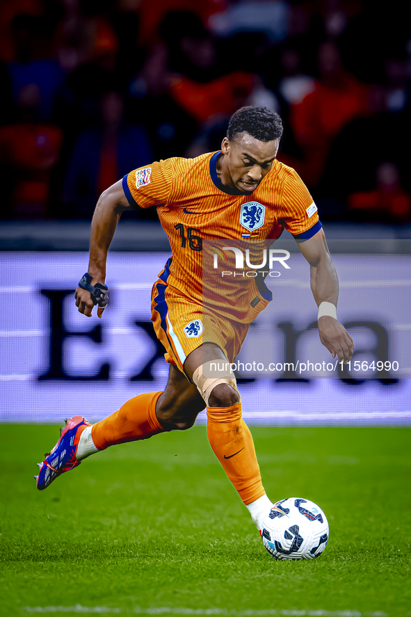 Netherlands midfielder Quinten Timber plays during the match between the Netherlands and Germany at the Johan Cruijff ArenA for the UEFA Nat...