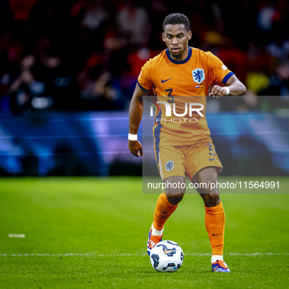 Netherlands defender Jurrien Timber plays during the match between the Netherlands and Germany at the Johan Cruijff ArenA for the UEFA Natio...