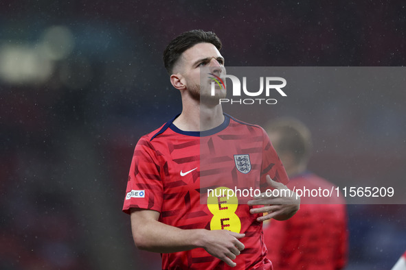 Declan Rice of England warms up during the UEFA Nations League Group 2 match between England and Finland at Wembley Stadium in London, Engla...