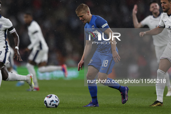 Tuomas Ollila of Finland is on the ball during the UEFA Nations League Group 2 match between England and Finland at Wembley Stadium in Londo...