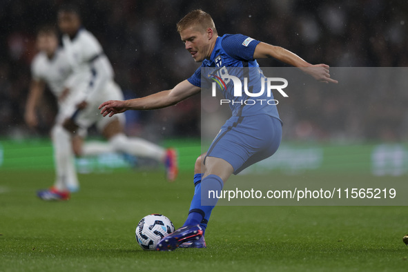 Tuomas Ollila of Finland clears the ball during the UEFA Nations League Group 2 match between England and Finland at Wembley Stadium in Lond...