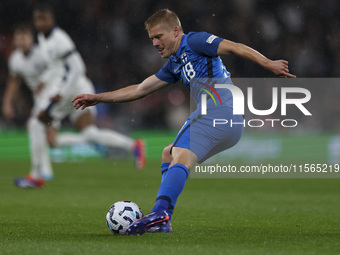 Tuomas Ollila of Finland clears the ball during the UEFA Nations League Group 2 match between England and Finland at Wembley Stadium in Lond...