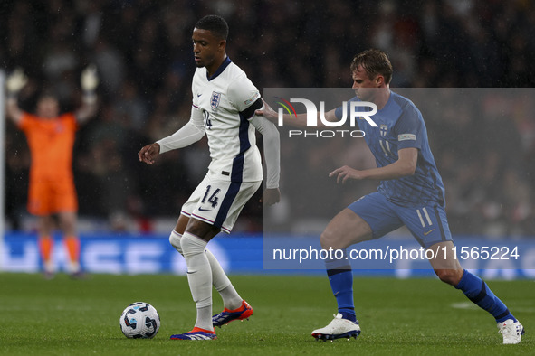 Ezri Konsa of England on the ball during the UEFA Nations League Group 2 match between England and Finland at Wembley Stadium in London, Eng...