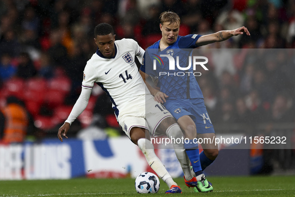 Ezri Konsa of England on the ball during the UEFA Nations League Group 2 match between England and Finland at Wembley Stadium in London, Eng...