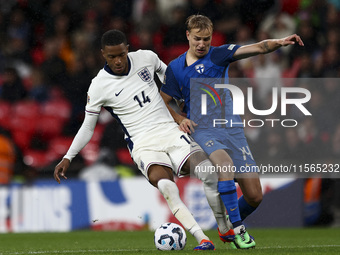 Ezri Konsa of England on the ball during the UEFA Nations League Group 2 match between England and Finland at Wembley Stadium in London, Eng...